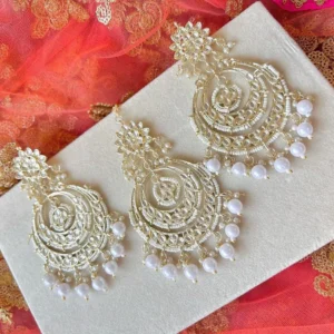 Kundan Stone And Pearl Earrings With Mangtikka White
