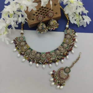 Gold Plated Crystal Stone And Pearls Necklace Set Multicolor