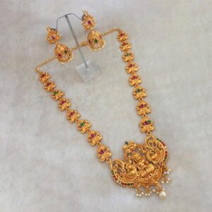 Maroon And Green Pota Stone Necklace and Jhumki Set