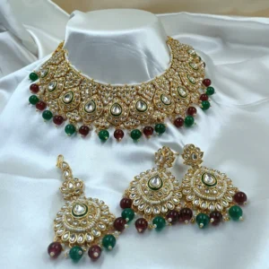 Kundan And Pearl Necklace Set Green and Maroon