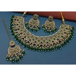 Crystal Stone Pearl And Beads Necklace Set Green