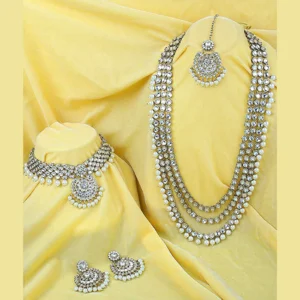 18K Silver Plated Kundan & Pearl Studded Bridal Choker Necklace Jewellery Set With Earrings & Maang Tikka