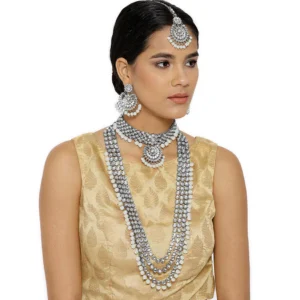 18K Silver Plated Kundan & Pearl Studded Bridal Choker Necklace Jewellery Set With Earrings & Maang Tikka - Image 2