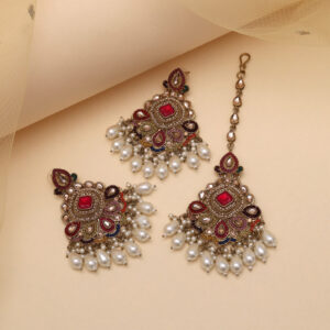 Multi Color Kundan Earrings With Maang Tikka