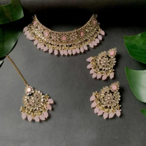 Pearl Kundan Studded Choker Jewellery Necklace Set with Maang Pink