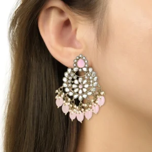 Pearl Kundan Studded Choker Jewellery Necklace Set with Maang Pink - Image 2