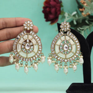 White Color Pear shaped Kundan Earrings - Image 2