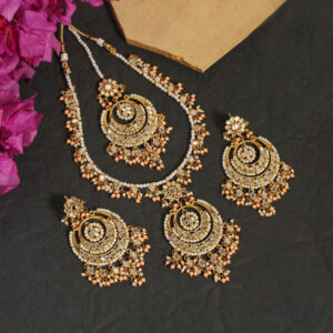 Peach Color Kundan Mirror Necklaces Set - Image 2
