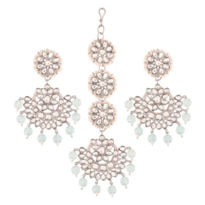 Kundan & Faux Pearl Chandbali Earrings with Maang Tikka Set Sky blue