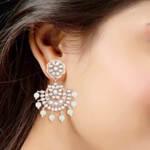 Kundan & Faux Pearl Chandbali Earrings with Maang Tikka Set Sky blue - Image 2