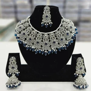 Crystal Stone And Pearls Necklace Set Blue