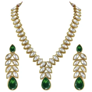 Green Stone Studded Necklace Jewellery Set with Dangle Earrings - Image 2
