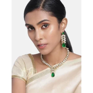 Green Stone Studded Necklace Jewellery Set with Dangle Earrings - Image 1