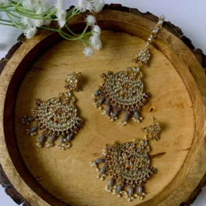 Kundan & Pearl Chandbali Earrings with Maang Tikka Set