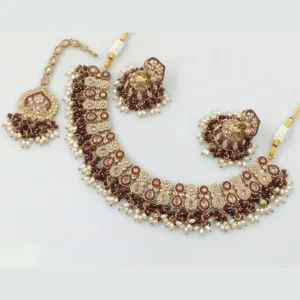 Gold Plated Crystal Stone And Pearls Necklace Set Maroon