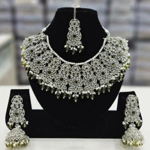 Silver Plated Crystal Stone And Pearls Necklace Set Mendhi Color