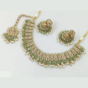 Crystal Stone And Pearls Necklace Set Mint Green
