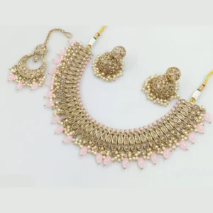 Crystal Stone And Pearls Necklace Set Light Pink