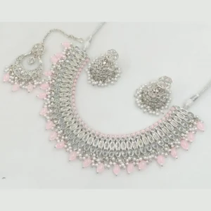 Silver Plated Crystal Stone And Pearls Necklace Set Pink