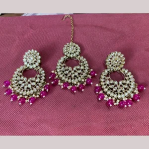 Kundan Stone And Pearls Dangler With Maangtikka Pink