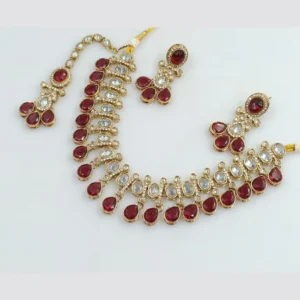 Crystal Stone And Pearls Necklace Set Red