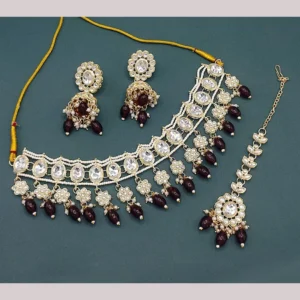Kundan Stone And Pearls Necklace Set Maroon