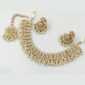 Gold Plated Crystal Stone And Pearls Necklace Set White