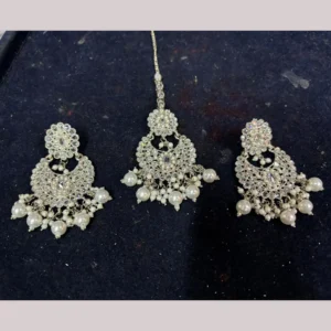 Silver Plated Kundan Stone And Pearls Dangler With Maangtikka White