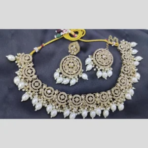 Crystal Stone And Beads Choker Necklace Set White